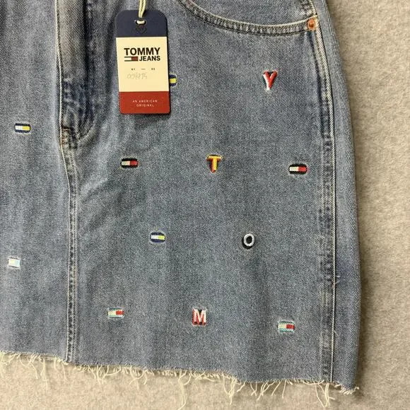 Tommy Hilfiger Embroidered Logo Denim Mini Skirt Women Size 32 Y2K Raw Hem NWT - Picture 4 of 10